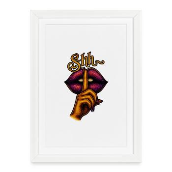 Mysterious silence with lips and fingers - Framed poster (27 × 37 cm) - white - Front