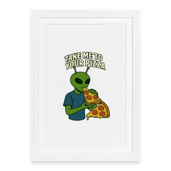 Conception de t-shirt Alien Pizza avec slogan - Affiche encadrée (27 × 37 cm) - blanc - Devant