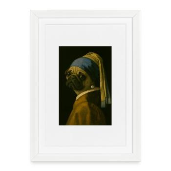 Carlin avec boucle d’oreille en perle dans le style de Mona-Lisa - Affiche encadrée (27 × 37 cm) - blanc - Devant