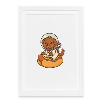 Chien de l’espace sur hot-dog en costume d’astronaute - Affiche encadrée (27 × 37 cm) - blanc - Devant
