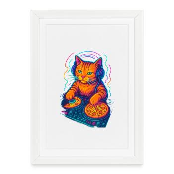 Néon DJ Cat Design - Affiche encadrée (27 × 37 cm) - blanc - Devant