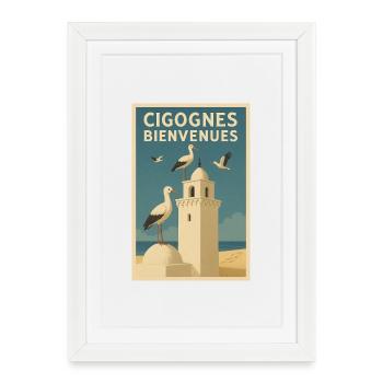 Vintage Stork and Beach Poster in Tunisia Blue - Framed poster (27 × 37 cm) - white - Front