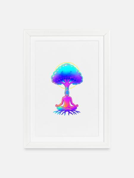 Néon Arbre de Méditation - Affiche encadrée (27 × 37 cm) - blanc