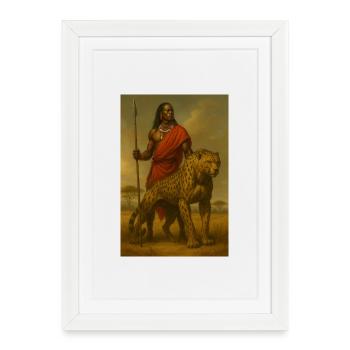 Guerrier Tribal avec Guépard – Illustration Épique - Affiche encadrée (27 × 37 cm) - blanc - Devant