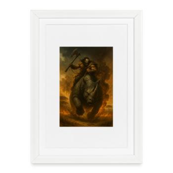 Guerrier Tribal sur Rhinocéros – Illustration Fant - Affiche encadrée (27 × 37 cm) - blanc - Devant