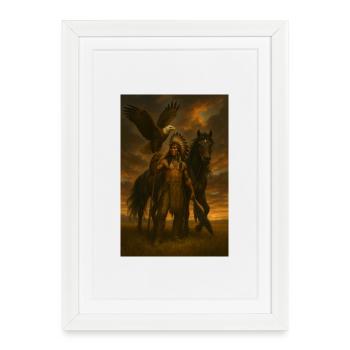 Native American Warrior with Eagle and Horse - Framed poster (27 × 37 cm) - white - Front