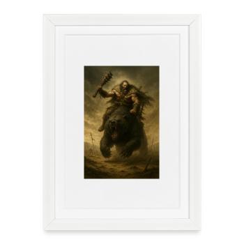 Guerrier Barbare sur Ours Brun – Illustration Fant - Affiche encadrée (27 × 37 cm) - blanc - Devant