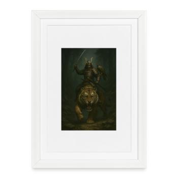 Samouraï et Tigre Guerrier – Art Épique - Affiche encadrée (27 × 37 cm) - blanc - Devant
