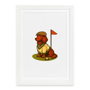 Teckel de golf en tenue rétro avec drapeau. - Affiche encadrée (27 × 37 cm) - blanc - Devant