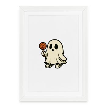 Fantôme gourmand avec sucette – Design Halloween m - Affiche encadrée (27 × 37 cm) - blanc - Devant