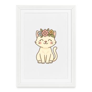 Couronne florale Chat Charm - Affiche encadrée (27 × 37 cm) - blanc - Devant