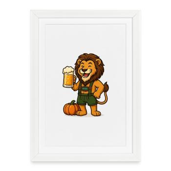 Autumnal lion with beer and pumpkin - Framed poster (27 × 37 cm) - white - Front