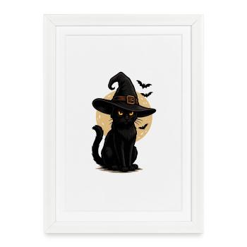 Chat Noir En Chapeau De Sorcière Nuit Au Clair De Lune - Affiche encadrée (27 × 37 cm) - blanc - Devant