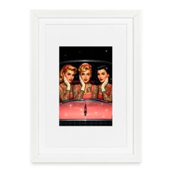 Three pin-up tattoos in vintage car - Framed poster (27 × 37 cm) - white - Front
