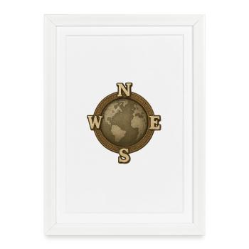 Vintage Weltkompass Weltkarte - Gerahmtes Poster (27 × 37 cm) - Weiß - Vorne