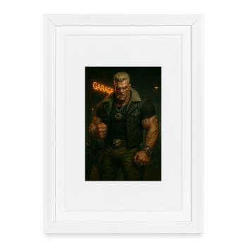 Biker Mécanique – Guerrier Blond au Regard de Feu - Affiche encadrée (27 × 37 cm) - blanc - Devant
