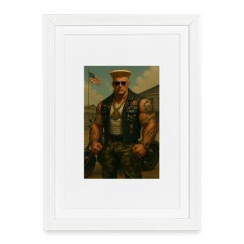 Biker Militaire – Guerrier Blond au Gilet à Médail - Affiche encadrée (27 × 37 cm) - blanc - Devant