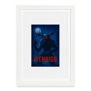Art d’horreur Wendigo dans la forêt enneigée scène de nuit - Affiche encadrée (27 × 37 cm) - blanc - Devant