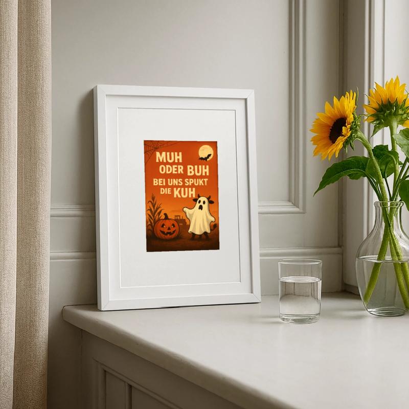 Spukkuh Halloween: MuH oder Buh Gerahmtes Poster (27 × 37 cm)