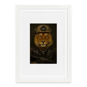 Lion in military look - Framed poster (27 × 37 cm) - white - Front