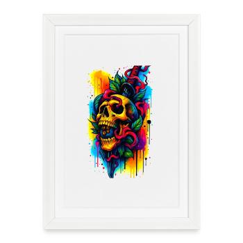 Colorful Skull with Knife and Leaves - Framed poster (27 × 37 cm) - white - Front