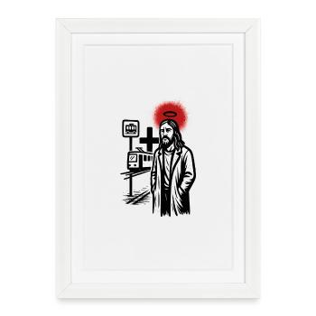 Saint over the Neon tram - Framed poster (27 × 37 cm) - white - Front