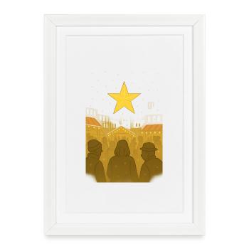 Étoile dorée au-dessus du marché de Noël - Affiche encadrée (27 × 37 cm) - blanc - Devant