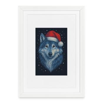 Nordic wolf in a Christmas hat - Framed poster (27 × 37 cm) - white - Front