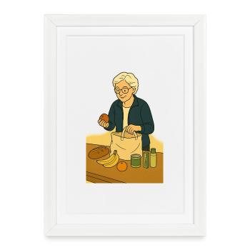 Mamie déballant son sac à provisions - Affiche encadrée (27 × 37 cm) - blanc - Devant