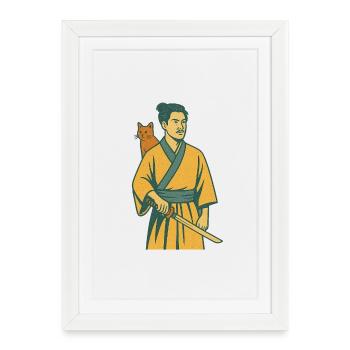Samurai with Cat - Framed poster (27 × 37 cm) - white - Front