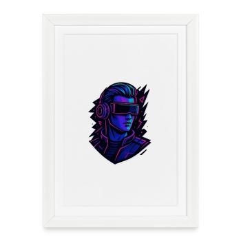 Néon Cyber VR Tête Portrait, Cyberpunk - Affiche encadrée (27 × 37 cm) - blanc - Devant