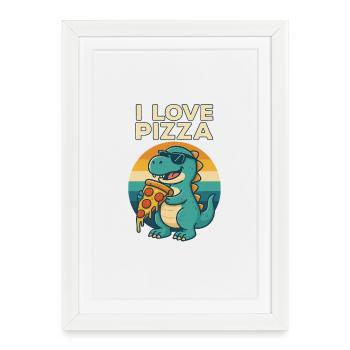 Cool Dino Loves Pizza - Affiche encadrée (27 × 37 cm) - blanc - Devant