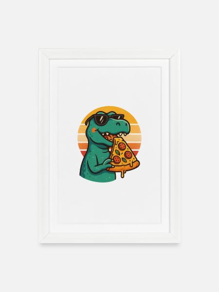 Pizza Saurus Retro - Gerahmtes Poster (27 × 37 cm) - Weiß