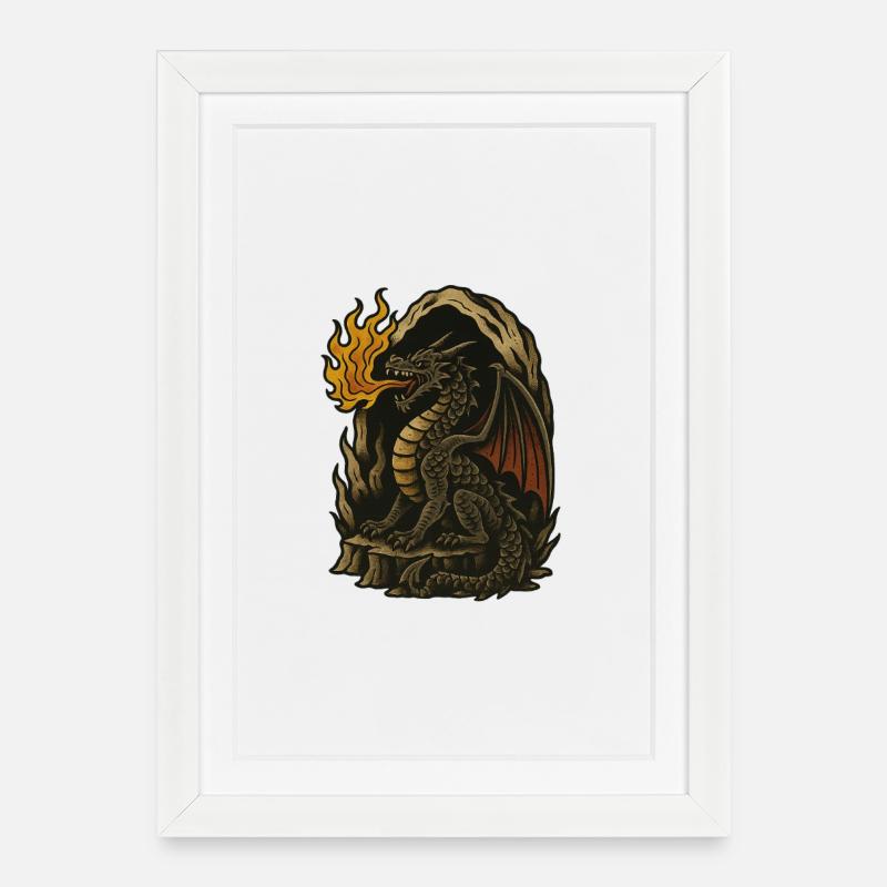 Flammender Drache - Gerahmtes Poster (27 × 37 cm) - Weiß