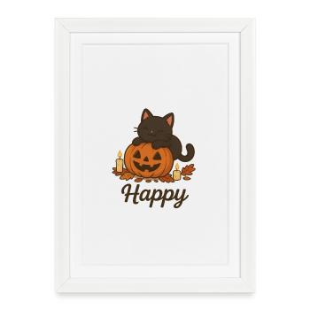 Halloween Schwarze Katze – Glücklich - Gerahmtes Poster (27 × 37 cm) - Weiß - Vorne