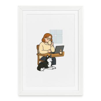Kaffeepause im Homeoffice Hund - Gerahmtes Poster (27 × 37 cm) - Weiß - Vorne
