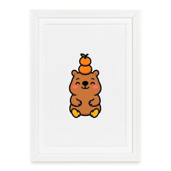 Capybara avec mandarine sur la tête - Affiche encadrée (27 × 37 cm) - blanc - Devant