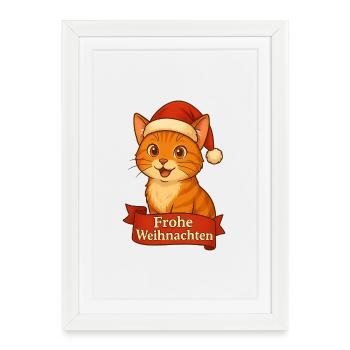 Gueule de bois de Noël de chat avec chapeau de Père Noël - Affiche encadrée (27 × 37 cm) - blanc - Devant