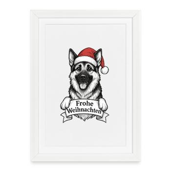 Chien avec chapeau de Père Noël Joyeux Noël - Affiche encadrée (27 × 37 cm) - blanc - Devant