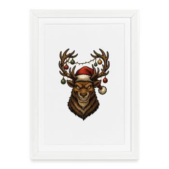 Renne de Noël avec chapeau de Père Noël - Affiche encadrée (27 × 37 cm) - blanc - Devant