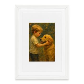 Enfant et chien dans une lumière pittoresque - Affiche encadrée (27 × 37 cm) - blanc - Devant