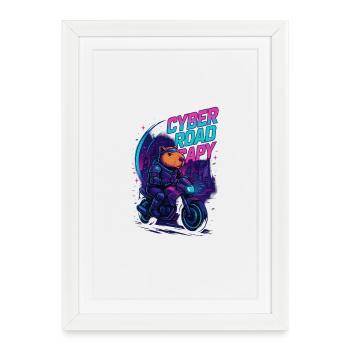 Cyber Road Capy – Futuriste Capybara Rider - Affiche encadrée (27 × 37 cm) - blanc - Devant