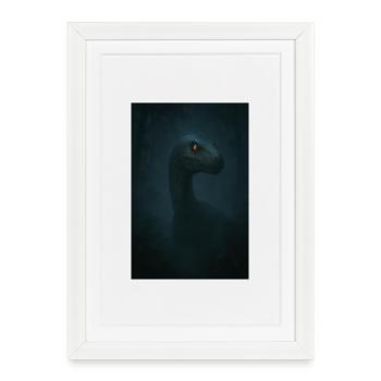 Dino dans la forêt de nuages à l’œil brillant - Affiche encadrée (27 × 37 cm) - blanc - Devant