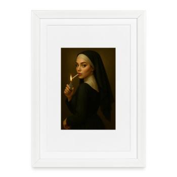 Nonne avec briquet - Affiche encadrée (27 × 37 cm) - blanc - Devant