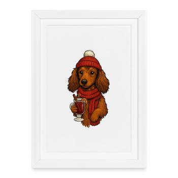 Chien chaud d’hiver avec boisson - Affiche encadrée (27 × 37 cm) - blanc - Devant