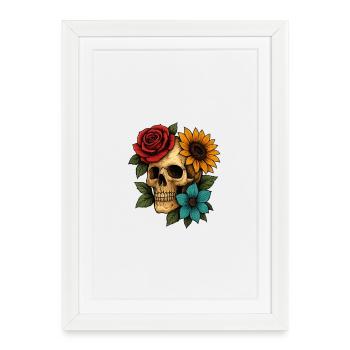 Art fusion Skull & Bloom – Squelette floral audacieux - Affiche encadrée (27 × 37 cm) - blanc - Devant