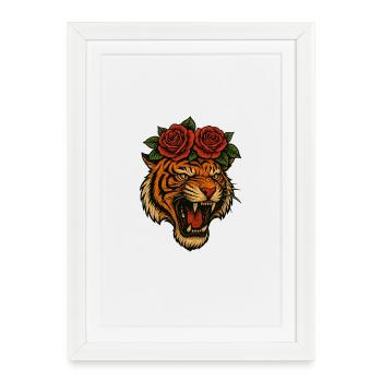 Fierce Tiger Head with Roses – High-Resolution Tra - Framed poster (27 × 37 cm) - white - Front