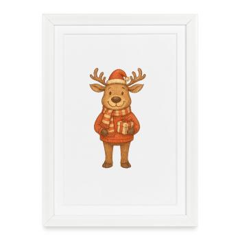 Mignons rennes de Noël avec cadeau - Affiche encadrée (27 × 37 cm) - blanc - Devant