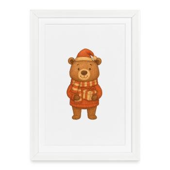 Petit ours de Noël mignon avec cadeau - Affiche encadrée (27 × 37 cm) - blanc - Devant