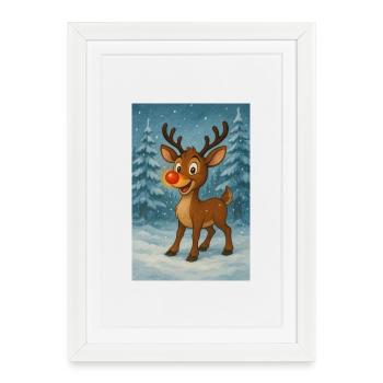 Renne au nez rouge dans la forêt d’hiver - Affiche encadrée (27 × 37 cm) - blanc - Devant